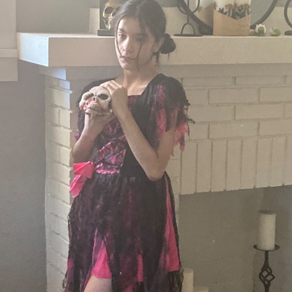 Girls Costume Dead zombie Prom Queen Corset 8 10 Pink Black Lace Bow Layered - Picture 3 of 15